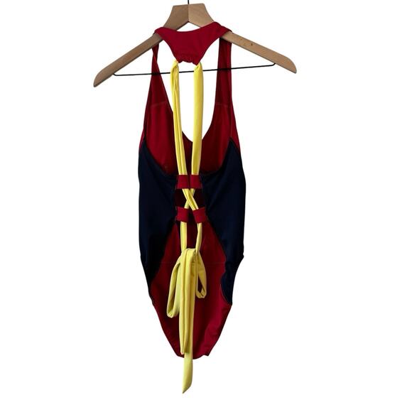 Fabletics Womens Swimsuit Small Blue Red Yellow Gabriella Color block Strap Tie - Picture 10 of 10